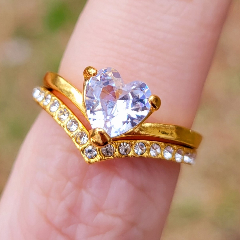 Clear Crystal Heart Gold Ring 2 Piece Set Size 6.5